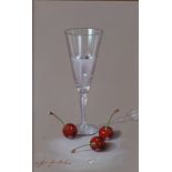 ARR MARISA MALLOL (b.1942), A still life of a wine goblet and three cherries, oil on panel, signed