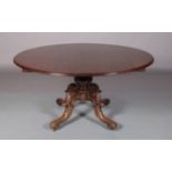 A VICTORIAN MAHOGANY CIRCULAR BREAKFAST TABLE, the top with moulded lip, baluster column on four