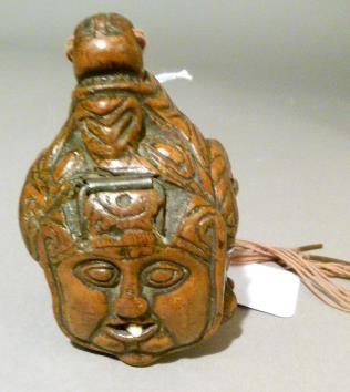 AN INTERESTING WOODEN SNUFF BOX MODELLED AS A 'TORTOISE' the body carved with five male masks, the - Image 7 of 11