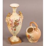 A ROYAL WORCESTER BLUSH IVORY VASE, narrow neck with everted rim, the baluster body having twin face