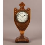 AN EDWARD VII MAHOGANY AND SATINWOOD INLAID MANTEL CLOCK of urn shape, inlaid with urn outline,
