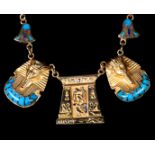 AN EGYPTIAN NECKLACE, the pharoesque pendants set with turquoise and coral inlay hung on a Byzantine