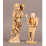 A JAPANESE CARVED IVORY FIGURE OF A FARMER c.1900 holding a basket of vegetables and with a monkey