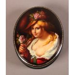 A RUSSIAN LACQUERED OVAL PAPIER MACHÉ BOX, the hinged lid finely painted with a head and shoulder