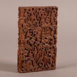 A CANTONESE CARVED WOOD CARD CASE late 19th century, 11cm high x 7cm wide