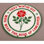 55TH WEST LANCASHIRE TERRITORIAL DIVISION - A RARE WWI ENAMEL FIELD GRAVE MARKER, the circular panel