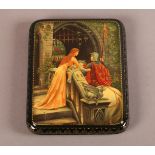 A RUSSIAN LACQUERED ROUNDED RECTANGULAR PAPIER MACHÉ BOX, the hinged lid finely painted after Edmund