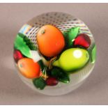 A ST LOUIS PAPERWEIGHT of two apples, pear and three cherries with leaves on a white latticino