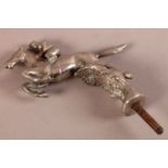 A DESMO VINTAGE NICKEL PLATED CAR MASCOT modelled as a jumping horse with rider, stamped and