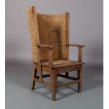 AN EARLY 20TH CENTURY ORKNEY CHAIR of typical design, rush back with oak square framing