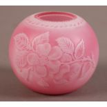 A WEBB STYLE SQUAT CAMEO CUT PINK AND WHITE GLASS VASE, finely detailed with rose buds and leaves,