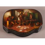 A RUSSIAN LACQUERED SERPENTINE FRONT ROUNDED RECTANGULAR PAPIER MACHÉ BOX, the hinged lid finely