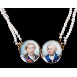 A GEORGE III TWIN MINIATURE OF THE DUKE OF WELLINGTON AND LORD NELSON, each oval polychrome and gilt