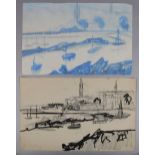 ARR DRUIE BOWETT (1924-1998) Continental riverside town with sail boats anchored mid stream, blue