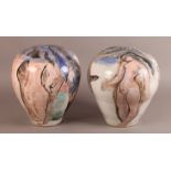 AN IMPORTANT PAIR OF STUDIO POTTERY BALUSTER TABLE LAMPS by S.R Crocker, each glazed in a blue, pink