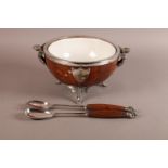 A VICTORIAN OAK SALAD BOWL with silver plated rim and caryatid figures to each side, three winged