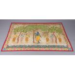 A RAJASTHAN PAINTED TEXTILE PANEL depicting Lord Krishna under a tree surrounded by attendants,