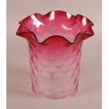 A VICTORIAN SHADED CRANBERRY GLASS SHADE of cylindrical lozenge quilted form with frilled rim,