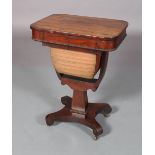 A WILLIAM IV ROSEWOOD VENEERED WORK TABLE, the rounded rectangular top fitted with frieze drawer and