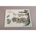 AN 18TH CENTURY CHINESE PORCELAIN SQUARE TILE decorated with figures on horseback and a kylin, the