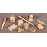 A CHINESE IVORY SEWING CLAMP, various other sewing requisites, later 19th century, two Japanese