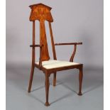 AN ART NOUVEAU MAHOGANY ELBOW CHAIR with architectural pediment, panel and splat finely inlaid