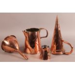 19TH CENTURY AND LATER COPPER WARE including a copper jug with strap handle, 18cm high, funnel 24.