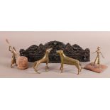 TWO WEST AFRICAN BRASS FEMALE FIGURES, two brass dogs 13cm and smaller and a Burmese carved hardwood