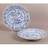 A PAIR OF 19TH CENTURY TIN GLAZED EARTHERNWARE CIRCULAR PLATES, painted in underglaze blue to the
