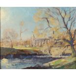 ARR GORDON CLIFFORD BARLOW (1913-2004) a view of Bolton Abbey from the river Wharfe, oil on canvas