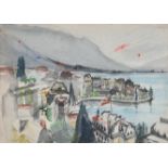 ARR DRUIE BOWETT (1924-1998) Swiss lakeside resort with tree-lined promenade and hotels, the