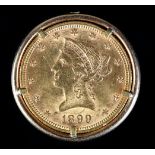 USA ten dollars gold piece 1899 VF in ring mount, which tests as 18ct gold