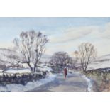 ARR ANGUS RANDS (1922-1985) A horse and rider on a lane in a winter landscape watercolour, signed