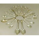 SIX GEORGE IV SILVER TABLE FORKS, fiddle pattern, all later initialled, two by Charles Eley, four by