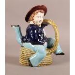 AN UNUSUAL W BROUGHTON ISLE OF MAN MANXMAN SAILOR MAJOLICA TEAPOT, marked: W Broughton China