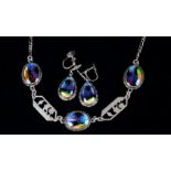 A SUITE OF NECKLACE AND EARRINGS in silver set butterfly wing by T.L Mott Ltd, the necklace having
