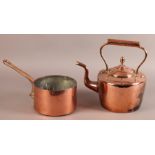 A MID 19TH CENTURY COPPER KETTLE with acorn finial to the lid, 29cm high over handle together with a