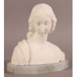 A 19TH CENTURY ALABASTER BUST OF A YOUNG WOMAN her hair tied at the nape of neck, on plinth base,