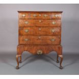 AN 18TH CENTURY STYLE WALNUT WALNUT CHEST ON STAND, having three small drawers above three long