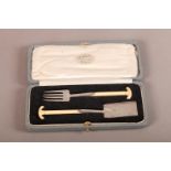 WILLIAM HUTTON & SON - A SILVER PLATED MINIATURE PRESENTATION SHOVEL AND FORK, each foliate