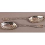 A PAIR OF GEORGE I SILVER TABLESPOONS, London 1710 later engraved to the bowl and handle with fruit,