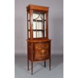 AN EDWARD VII MAHOGANY AND SATINWOOD BANDED AND INLAID DISPLAY CABINET having a moulded cornice