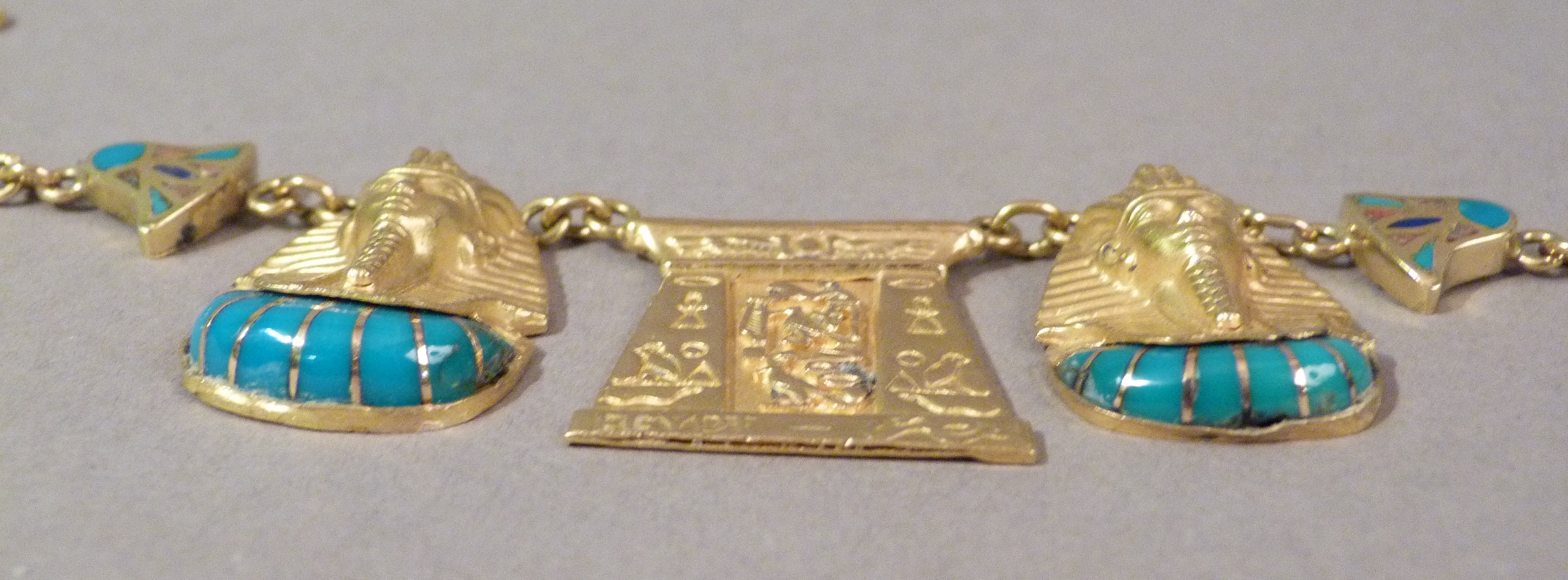 AN EGYPTIAN NECKLACE, the pharoesque pendants set with turquoise and coral inlay hung on a Byzantine - Image 2 of 3