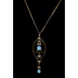 AN EDWARD VII OPAL AND SEED PEARL PENDANT in 9ct gold, the circular and oval cabochon opals collet