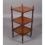 A SMALL VICTORIAN MAHOGANY SQUARE THREE TIER ETAGERE, the upper shelf with ball and spire finials,