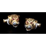 A PAIR OF TIGER MASK CUFFLINKS set with diamonds, ruby and enamel, in 18ct gold with hinged T