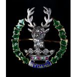 A VICTORIAN GORDAN HIGHLANDERS, DIAMOND, RUBY AND ENAMEL SWEETHEART BROOCH in silver and 9ct gold,