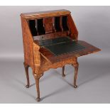 A BURR WALNUT BUREAU having a fall front, the interior fitted with small drawers and pigeon holes,
