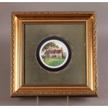HARRY DAVIS - A CIRCULAR PORCELAIN PLAQUE OF HOUSE WITH RED ROOF, 14cm diameter, printed mark in