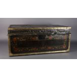 A 19TH CENTURY LACQUER TRUNK, brass bound and with close nailed borders, the camphor carcass applied